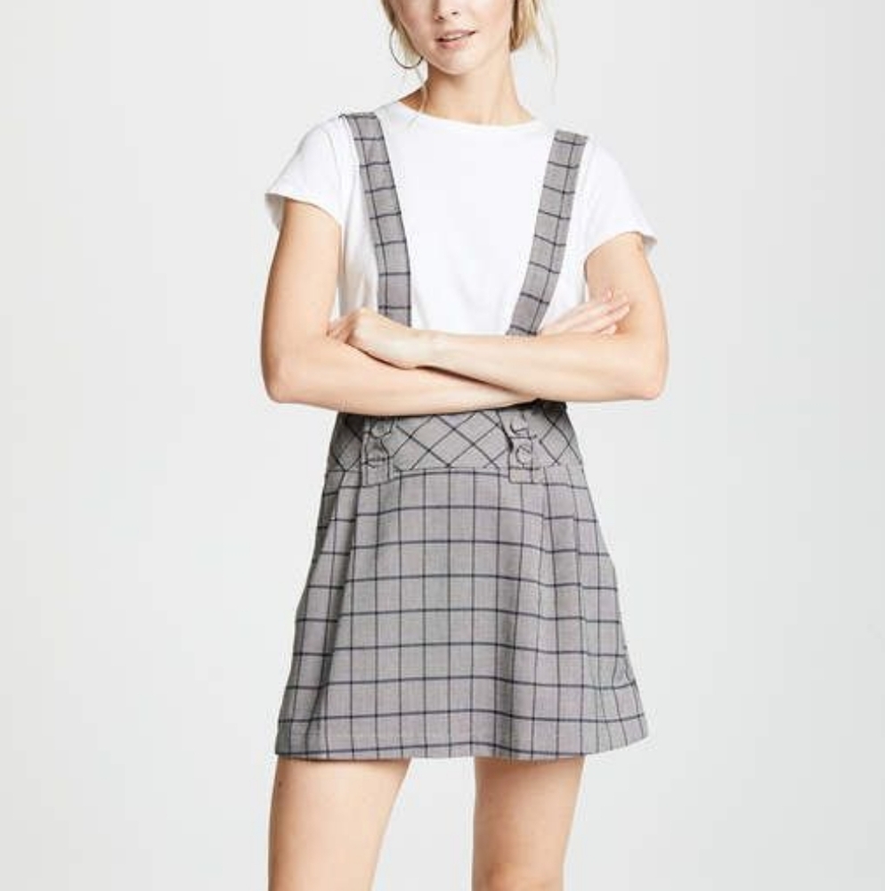 Lost + Wander Cherokee Overall Skirt Mini Dress Jumper Academia Navy Grey Plaid